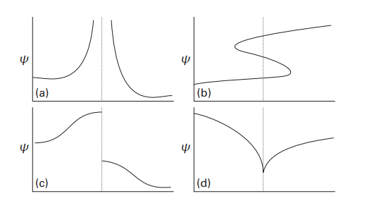 The wavefunction must satisfy stringent conditions
    for it to be acceptable: (a) unacceptable because it is infinite over
    a finite region; (b) unacceptable because it is not single-valued;
    (c) unacceptable because it is not continuous; (d) unacceptable
    because its slope is discontinuous