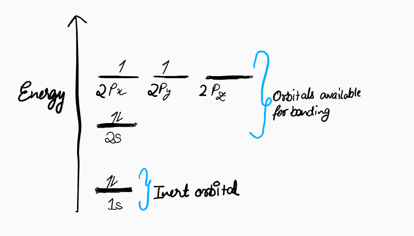 Potential energy diagram showing the electron configuration of carbon, with filled 1s and 2s orbitals, and two half-filled 2p orbitals.